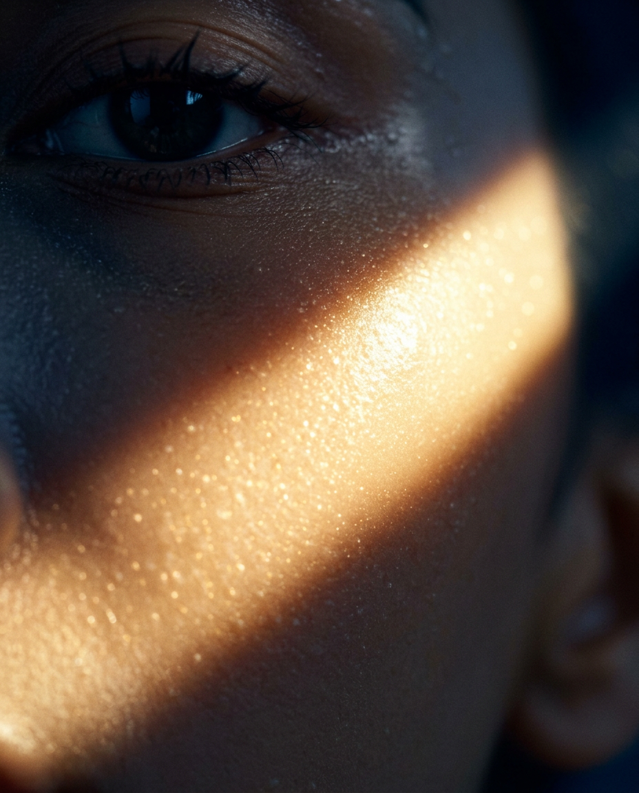 A warm beam of light grazes across luminous, glass-skin texture
