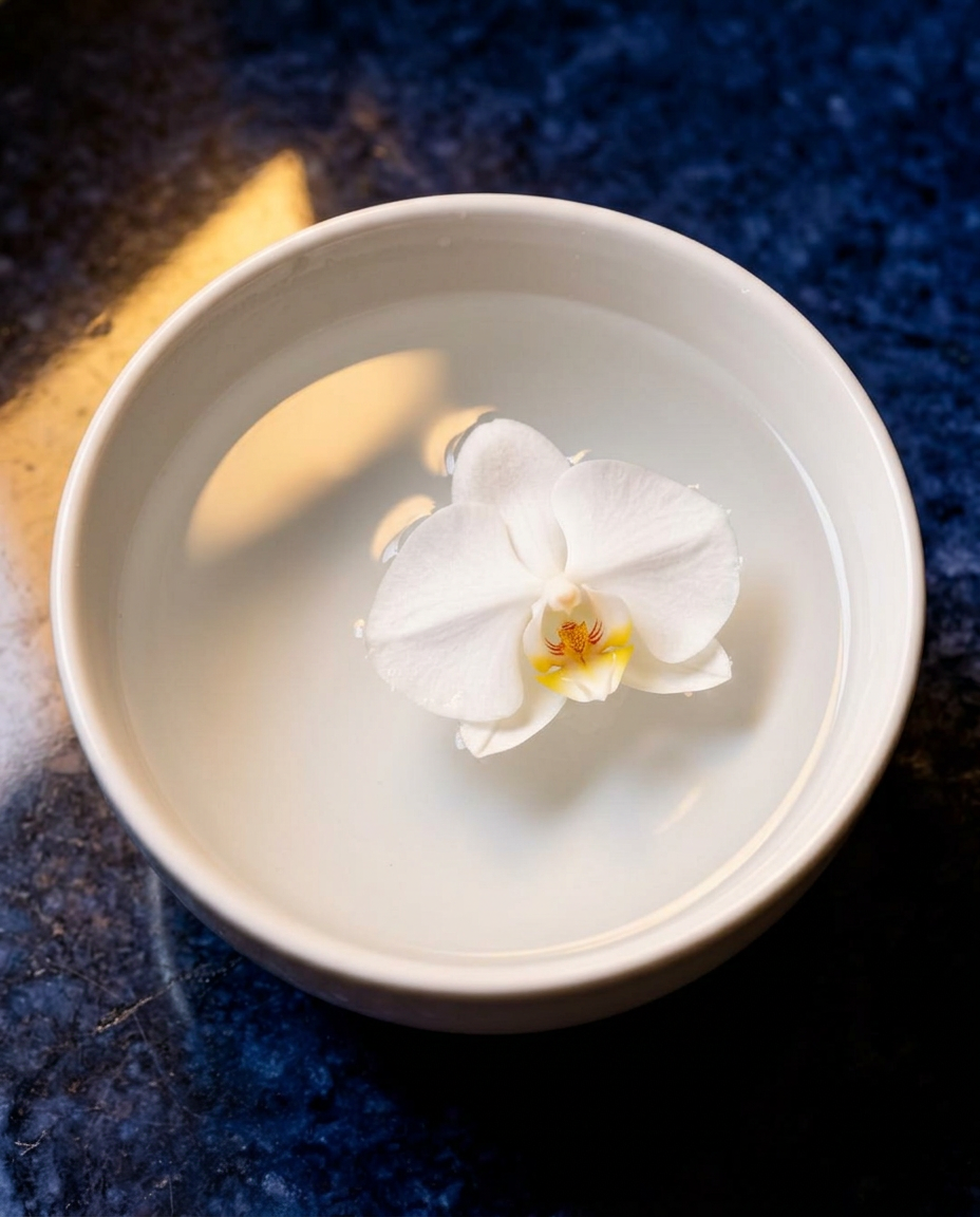 A single orchid resting in a porcelain bowl of water on dark stone