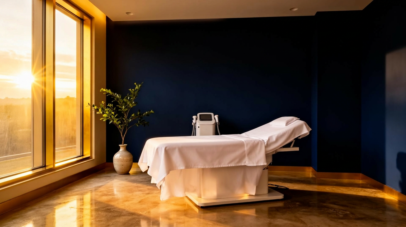 Quiet, light-filled dermatology treatment room at golden hour